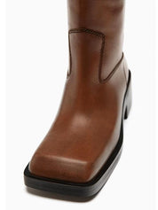 Botas de caña baja con punta cuadrada para mujeres, botas largas retro de tacón grueso
