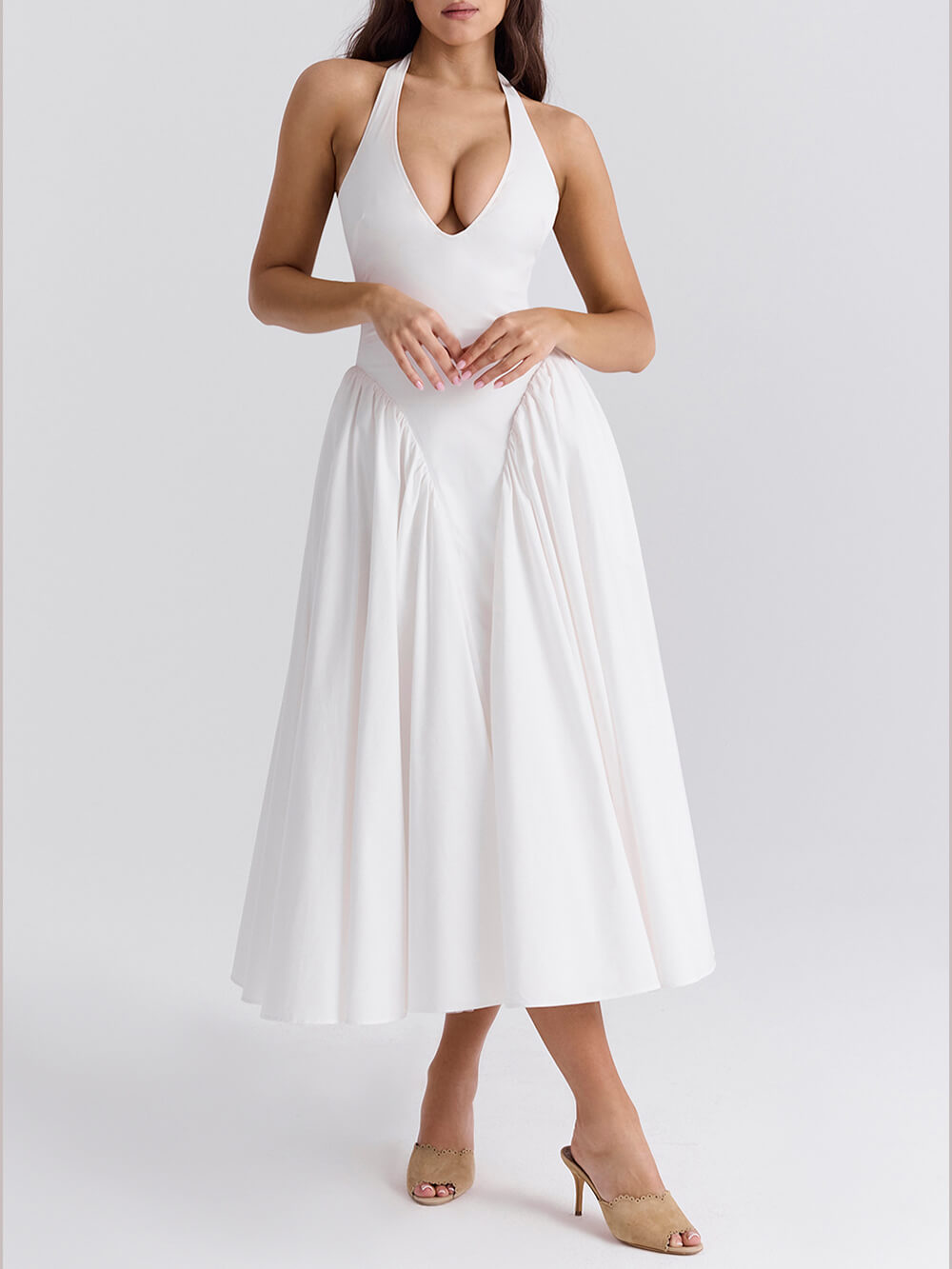 Solid Midi Dresses with Pleated Seams, Deep V-Neckline, and Halter Waist