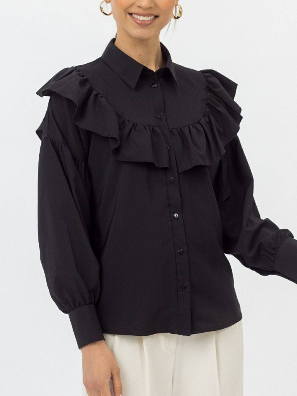 Camicia da donna con volant, tinta unita, slim, da ufficio, camicia con volant