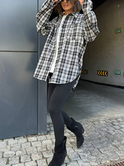 Casual polyester plaid blouses with pocket