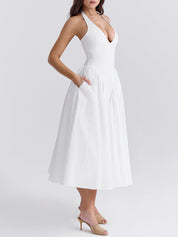 Solid Midi Dresses with Pleated Seams, Deep V-Neckline, and Halter Waist
