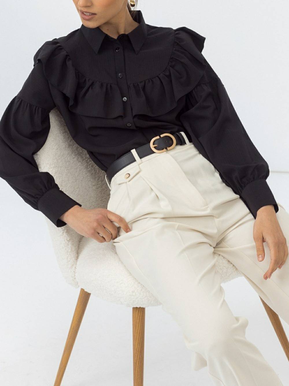 Camicia da donna con volant, tinta unita, slim, da ufficio, camicia con volant