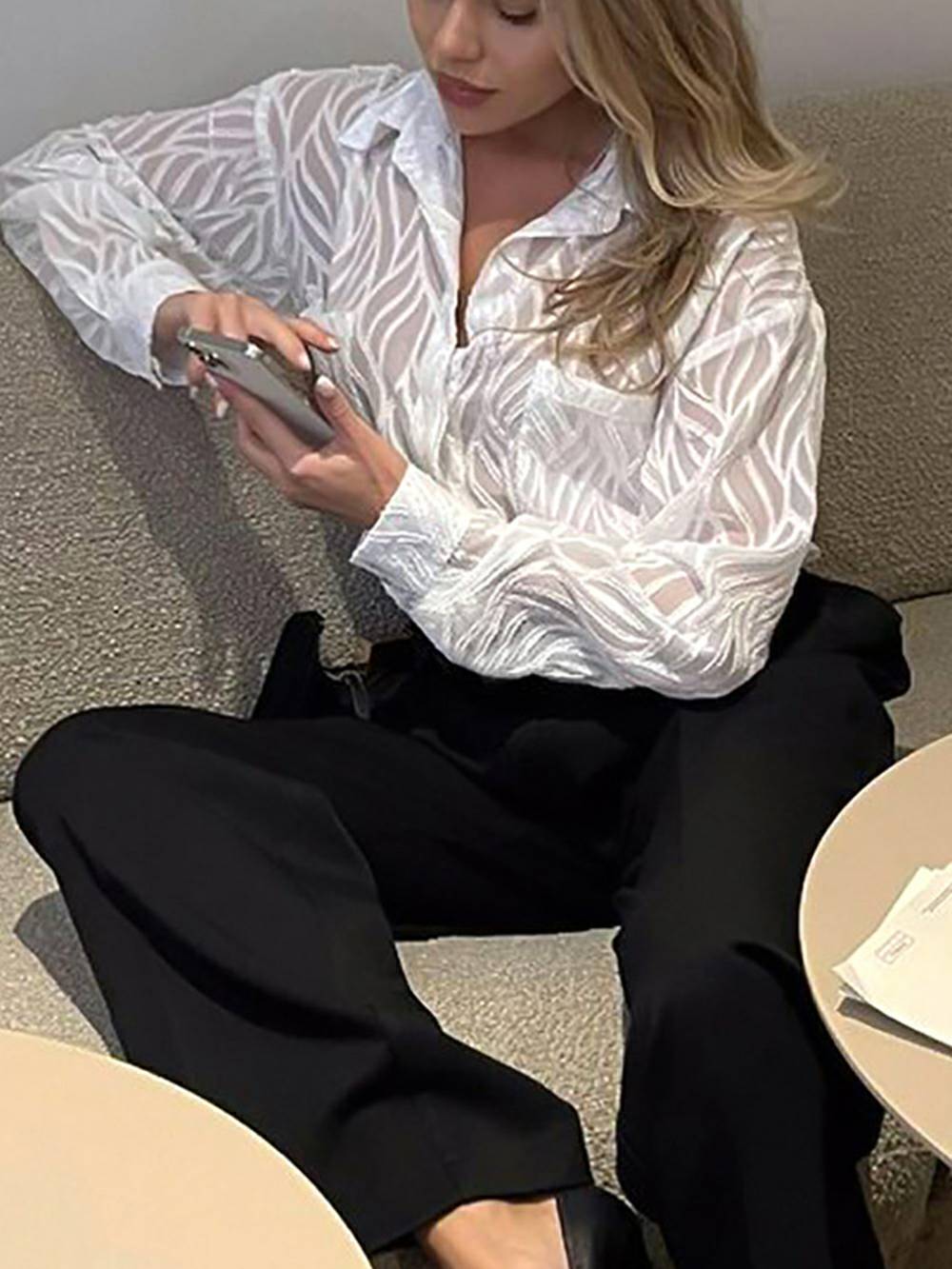 Elegant white women's blouses with thin lapel and long sleeves shirts