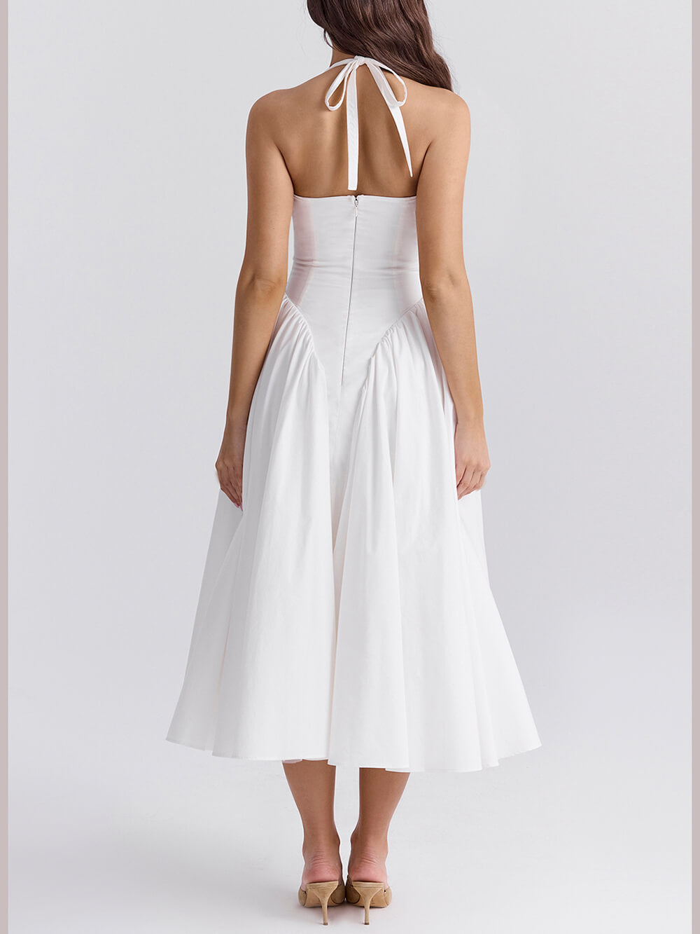Solid Midi Dresses with Pleated Seams, Deep V-Neckline, and Halter Waist