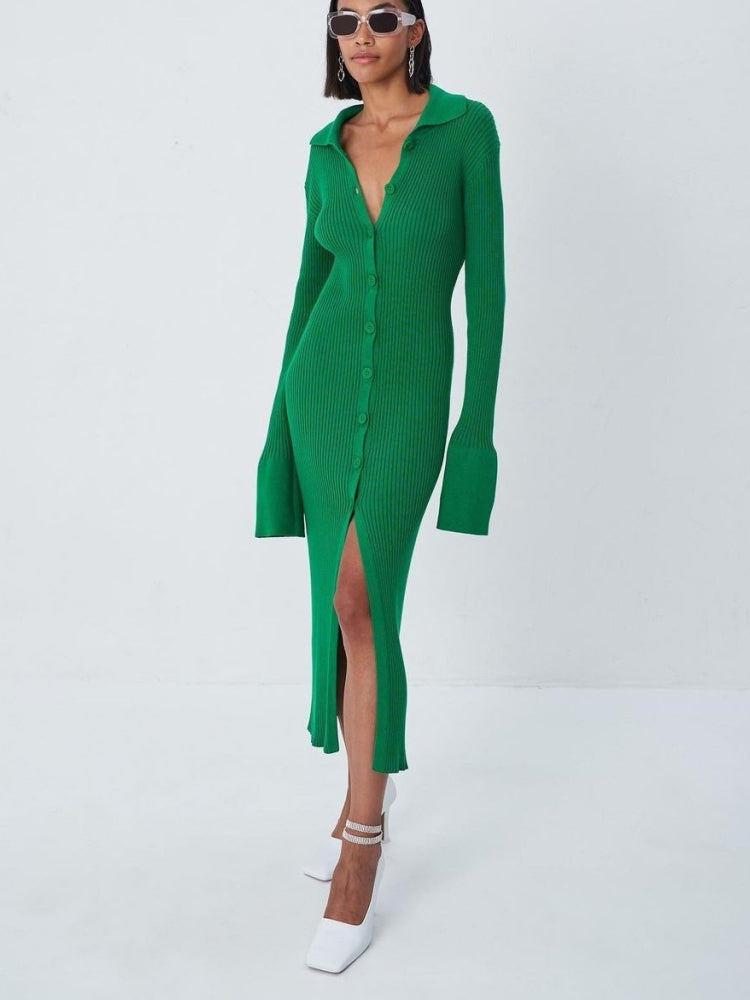 Lange gebreide cardigan met V-hals jurk