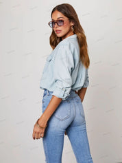 Denim Shirt with Roll-Tab Sleeves and Button