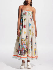Long maxi dress with suspenders with exclusive graffiti print