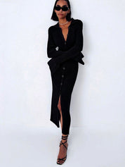 Lange gebreide cardigan met V-hals jurk