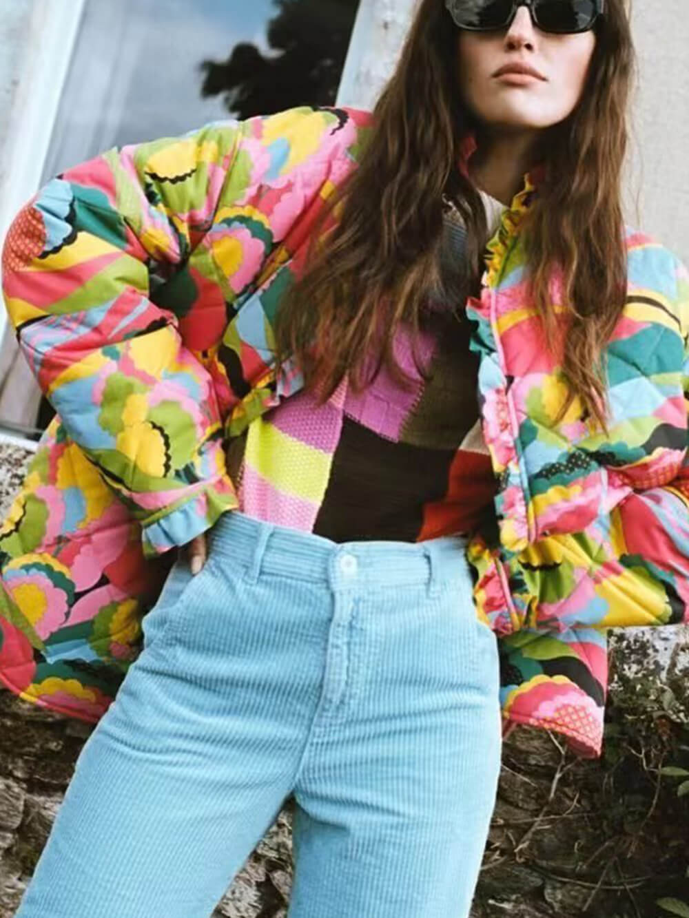 Printed Pleated Cotton Coat with Lace Trim