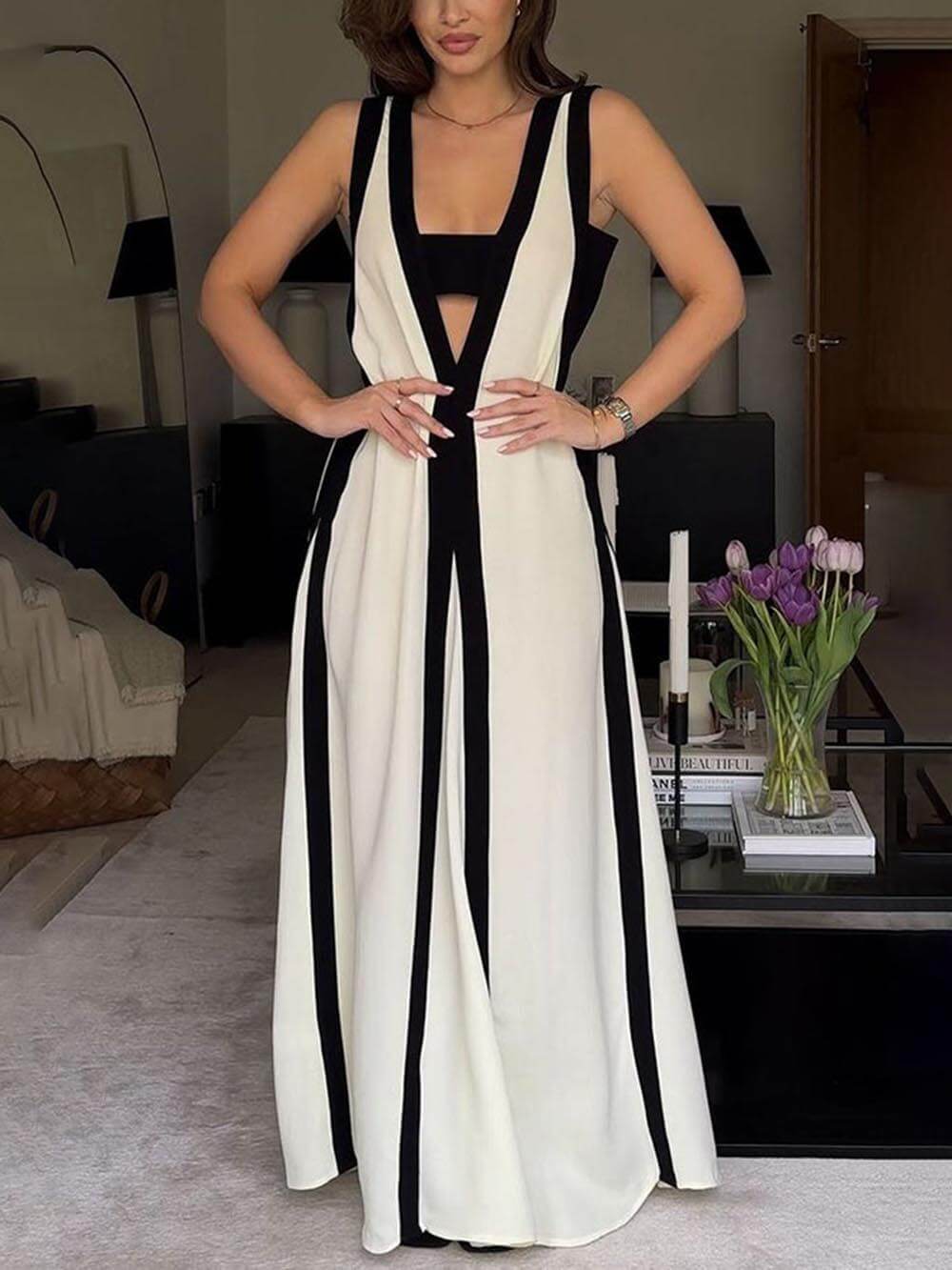 Reversible Style Colorblock Maxi Dress in A-Line Silhouette