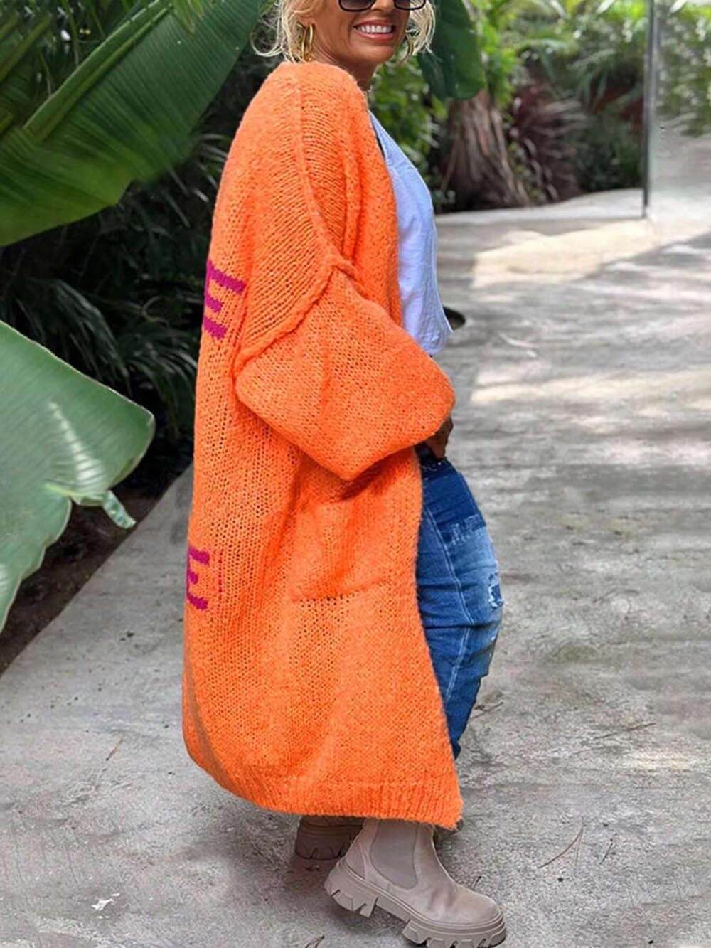 Cardigan lavorato a maglia con motivo a cuore, tasca casual, taglia grande