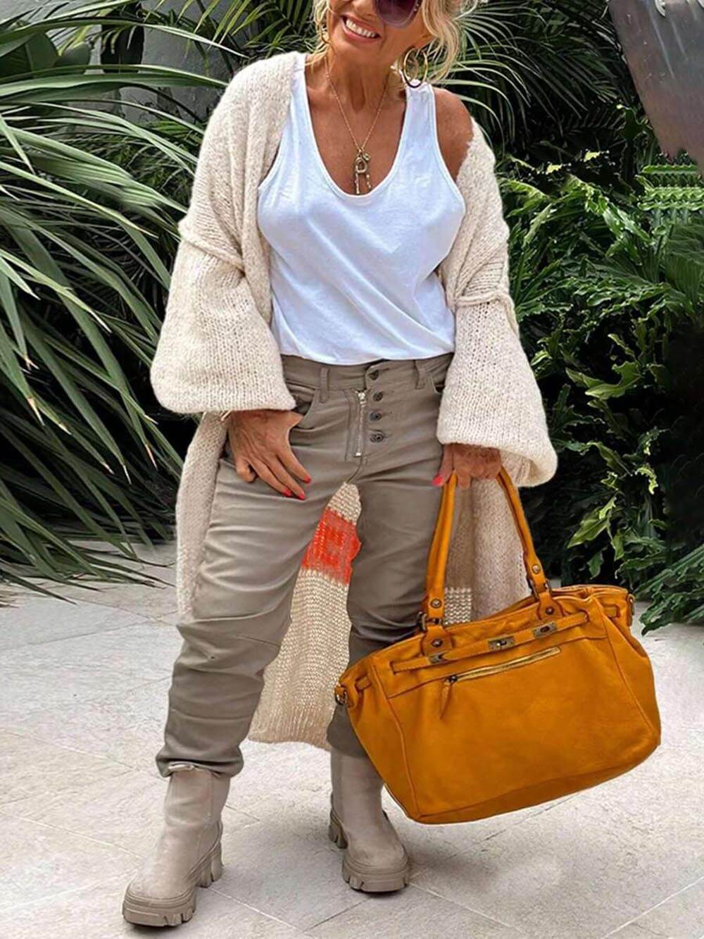 Cardigan lavorato a maglia con motivo a cuore, tasca casual, taglia grande