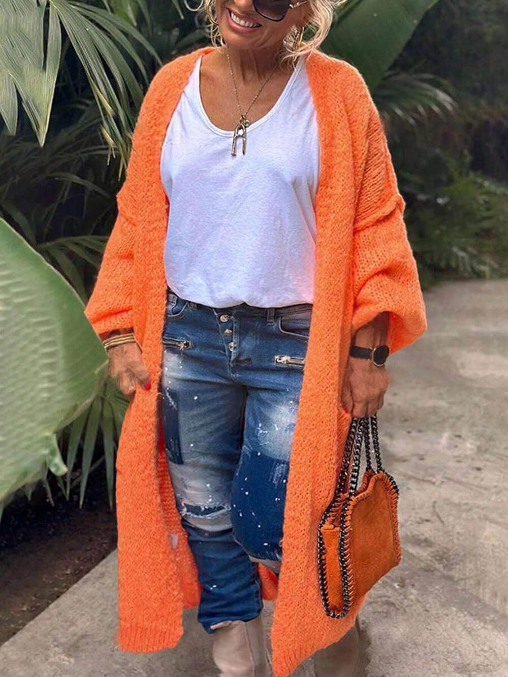 Cardigan lavorato a maglia con motivo a cuore, tasca casual, taglia grande