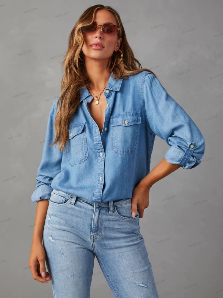 Denim Shirt with Roll-Tab Sleeves and Button