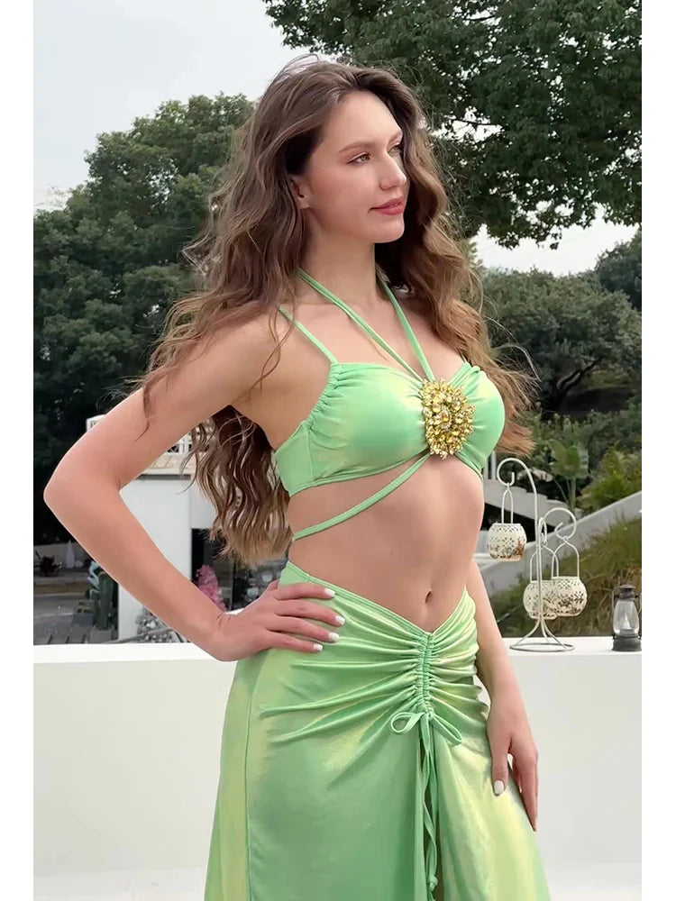 Mintgrøn Rhinsten Halter Bikini Sæt