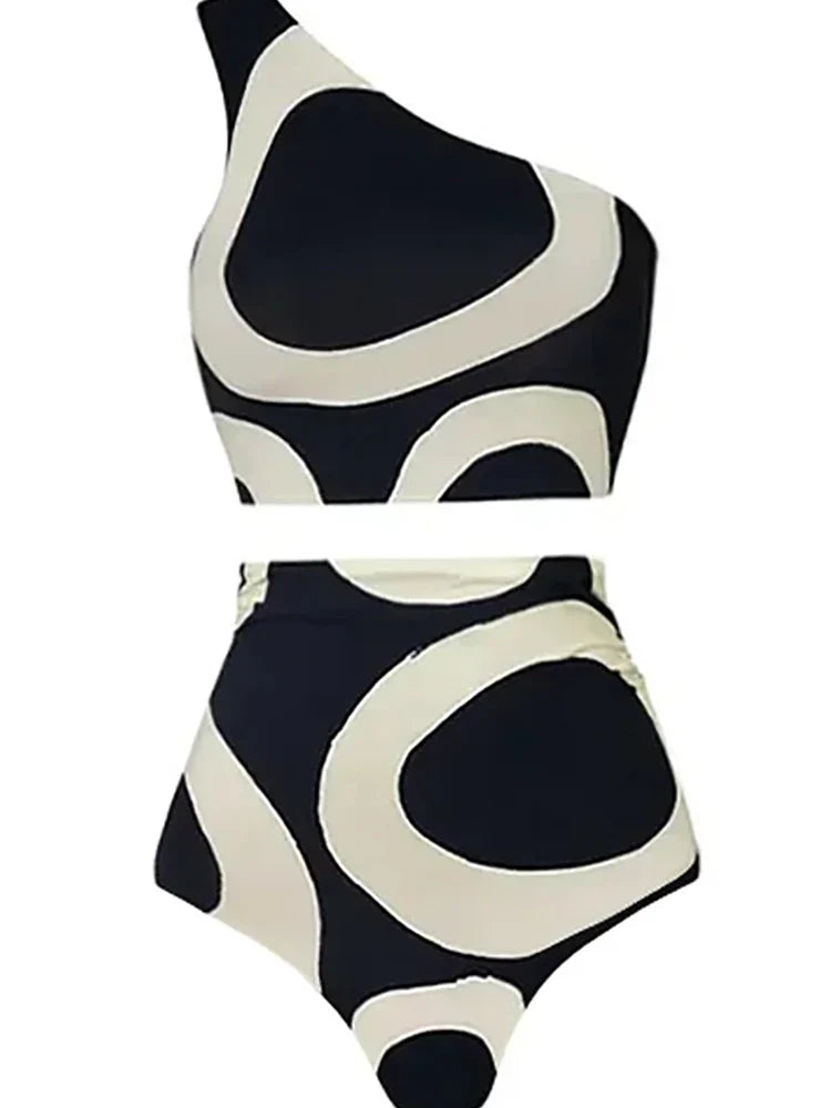 One-Shoulder Colorblock High-Waist Bikini Set