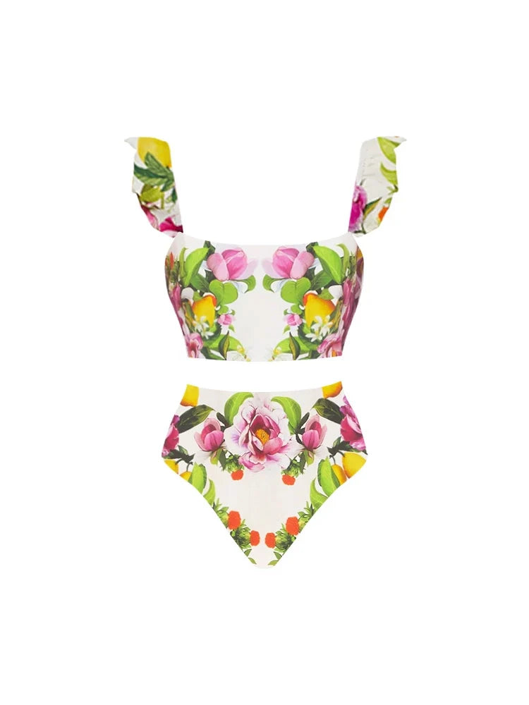 Blomstret højtaljet bikini sæt