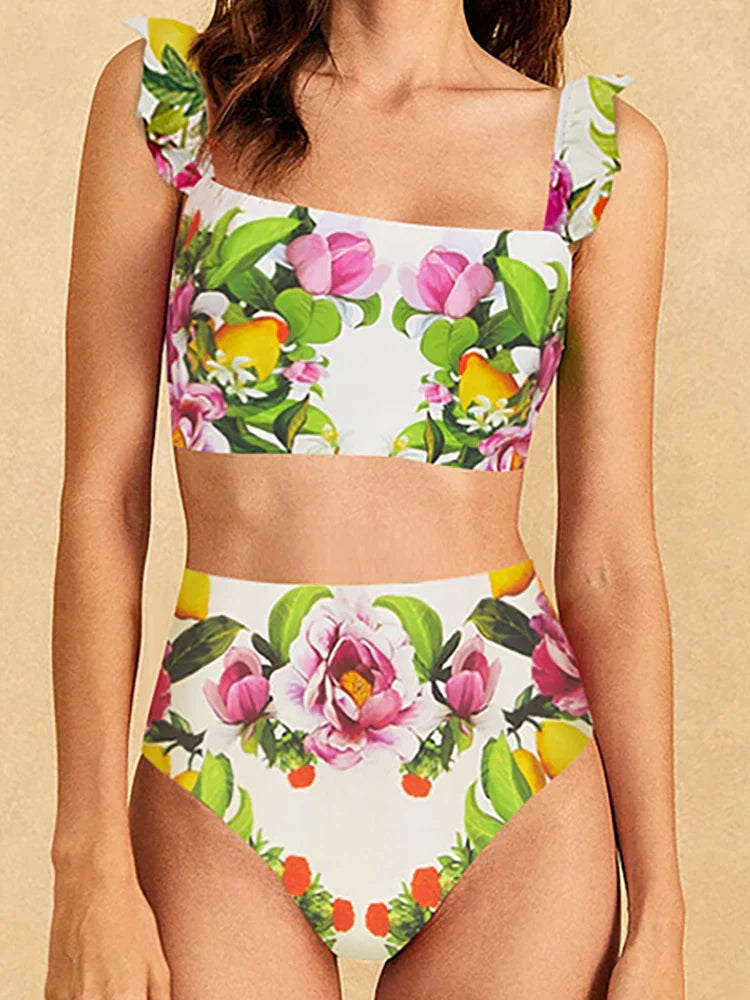 Blomstret højtaljet bikini sæt
