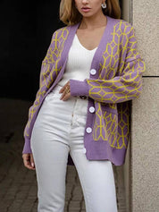 Casual Street Stripe Guzik Pleciony Kontrastowy Kardigan z Dekoltem w Serek