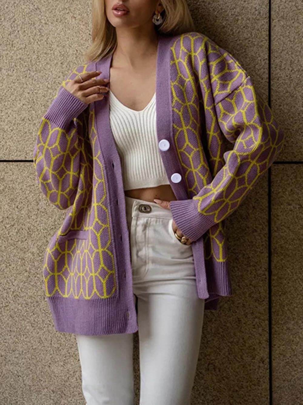 Casual Street Stripe Guzik Pleciony Kontrastowy Kardigan z Dekoltem w Serek