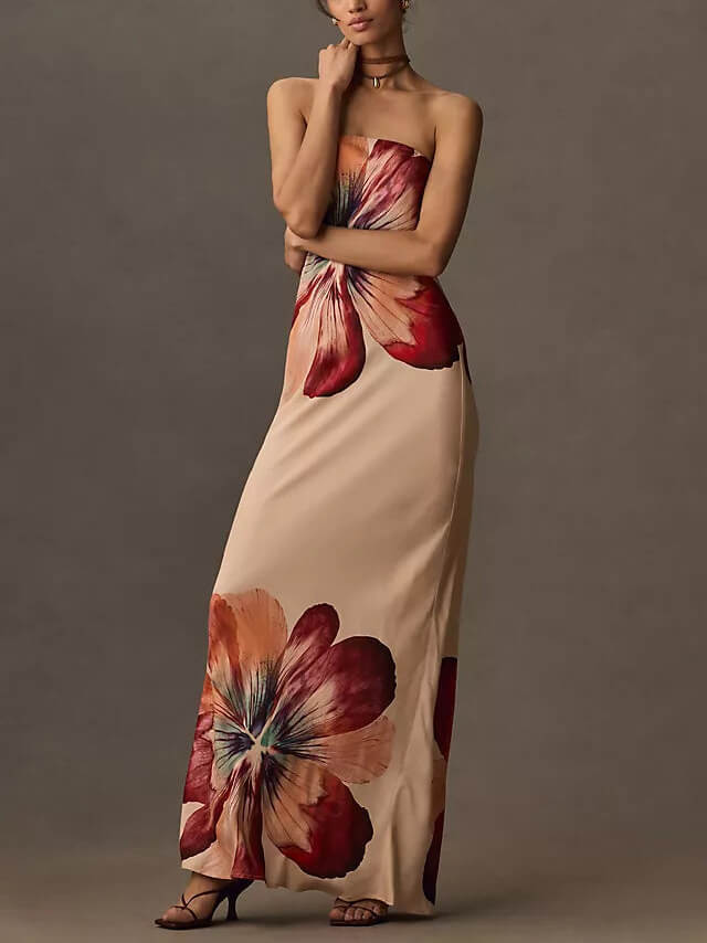 Fashionable printed sexy midi dress with slim fit tube top
