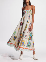 Long maxi dress with suspenders with exclusive graffiti print