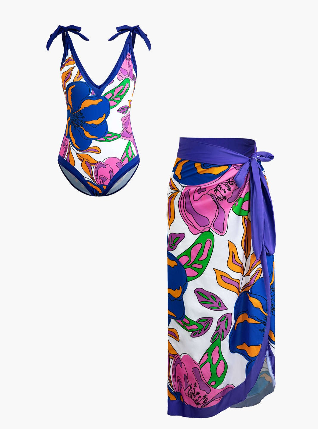 Badedragt med blomsterprint, mavekontrol og tilhørende cover-up-sæt