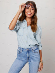 Denim Shirt with Roll-Tab Sleeves and Button