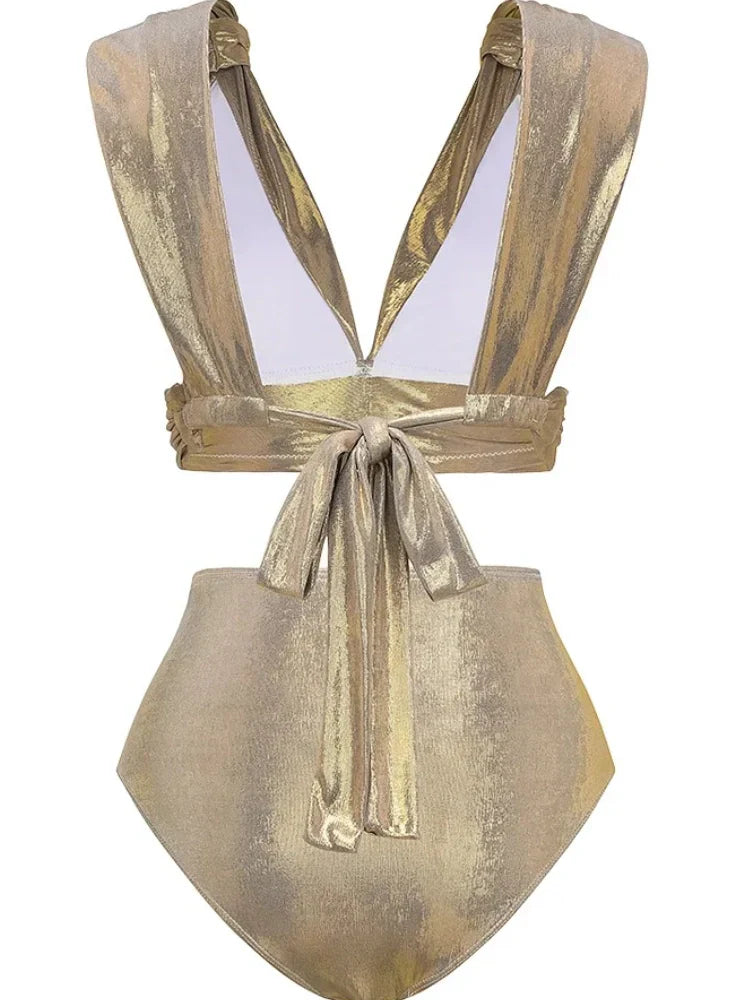 Strassbesetztes gerafftes Bikini-Set mit hoher Taille