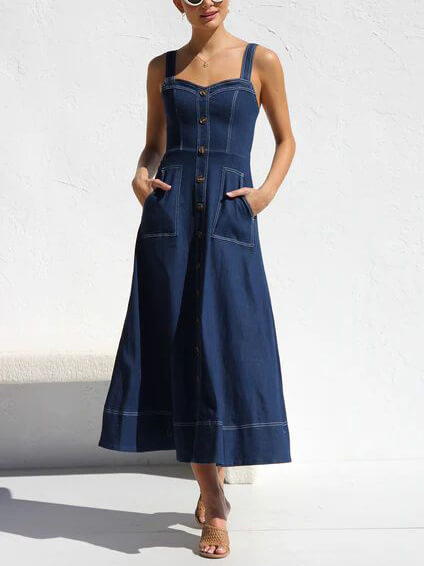Casual midi dress with denim straps and buttons