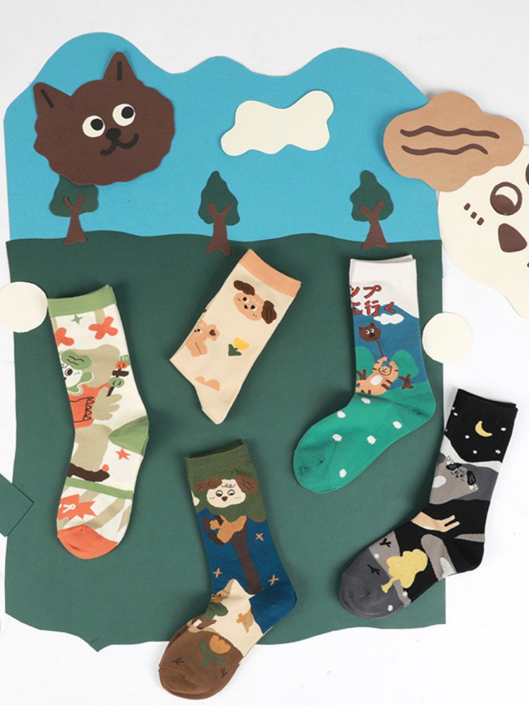 Medias de algodón con estampado de gatito lindo dibujo animado
