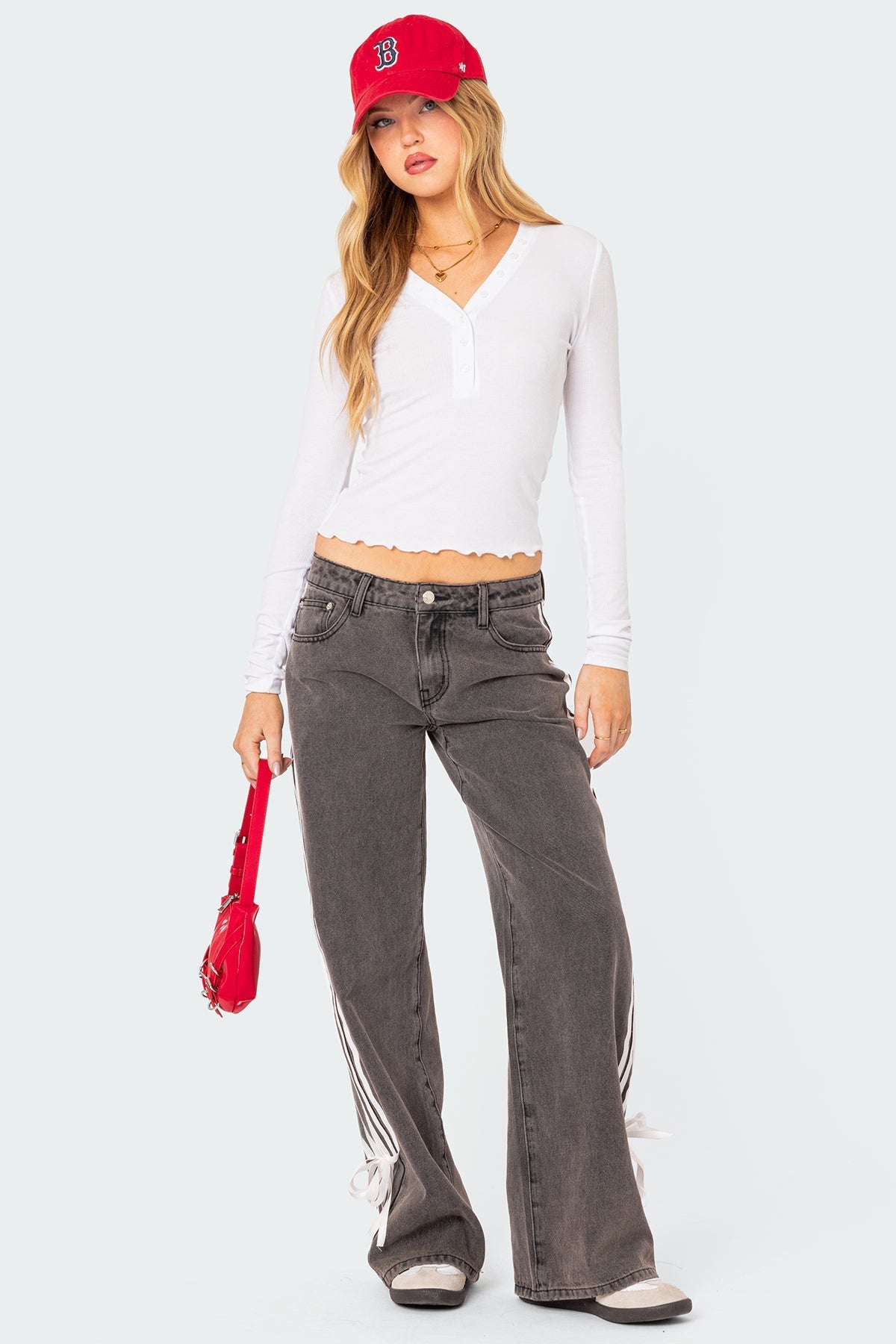 Lave talje løse side stribede bue brede ben jeans