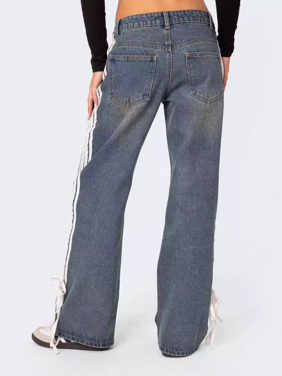 Lave talje løse side stribede bue brede ben jeans