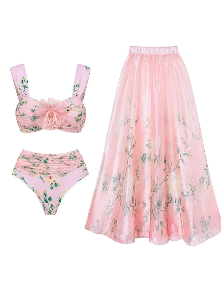 Rosa Blumen-Bikini mit 3D-Kristallblumen