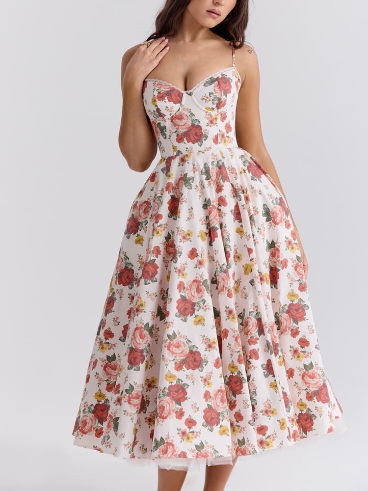 Midi tulle dress with Italian rose print